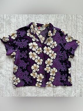Hilo Hattie Blossoming Hibiscus Hawaiian Shirt Women's XL Purple Crop Aloha